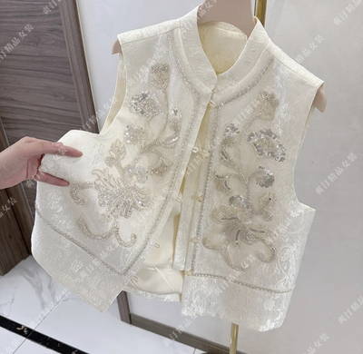 2025新款时尚百搭气质休闲重工提花刺绣新中式国风盘扣无袖马甲