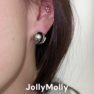 JollyMolly925银原创设计轻奢精致礼物百搭重工高碳钻圆球耳钉