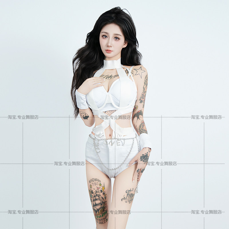 酒吧DS演出服新款女DJ领舞台chic性感辣妹白色连体衣爵士舞服装