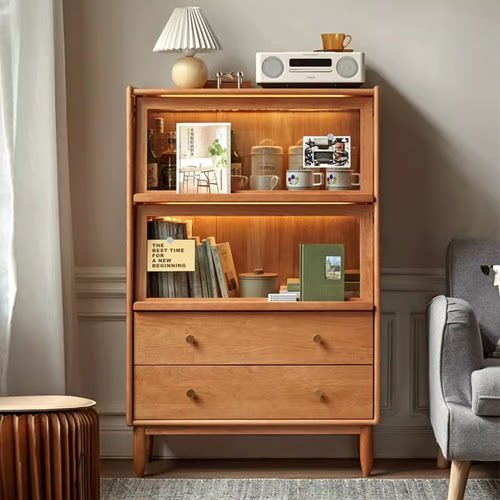 全实木红橡木翻门书柜电视柜樱桃木边柜储物书柜收纳柜带灯带原木