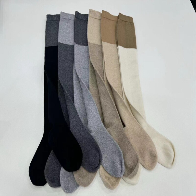 纯羊绒拼色长筒袜子~鄂尔多斯市大腿袜加厚秋冬保暖居家护腿过膝