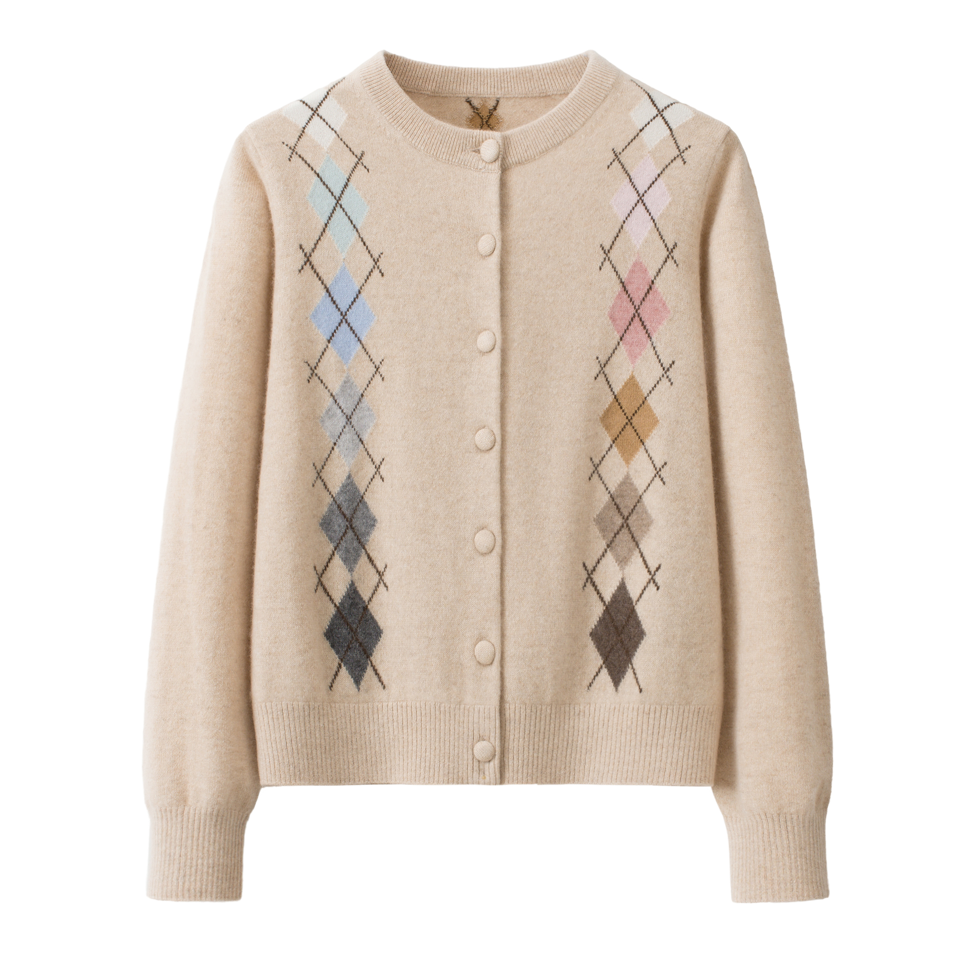 100%山羊绒复古撞色菱形格女开衫针织衫