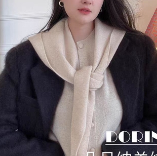 100%山羊绒连帽围巾披肩一体两用外搭假领四平针女帽