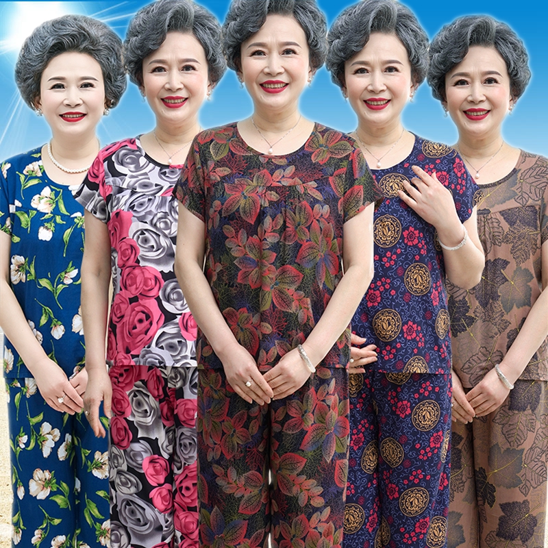 中老年人女装妈妈夏季绵绸套装短袖奶奶装纯棉睡衣休闲老人花衣服