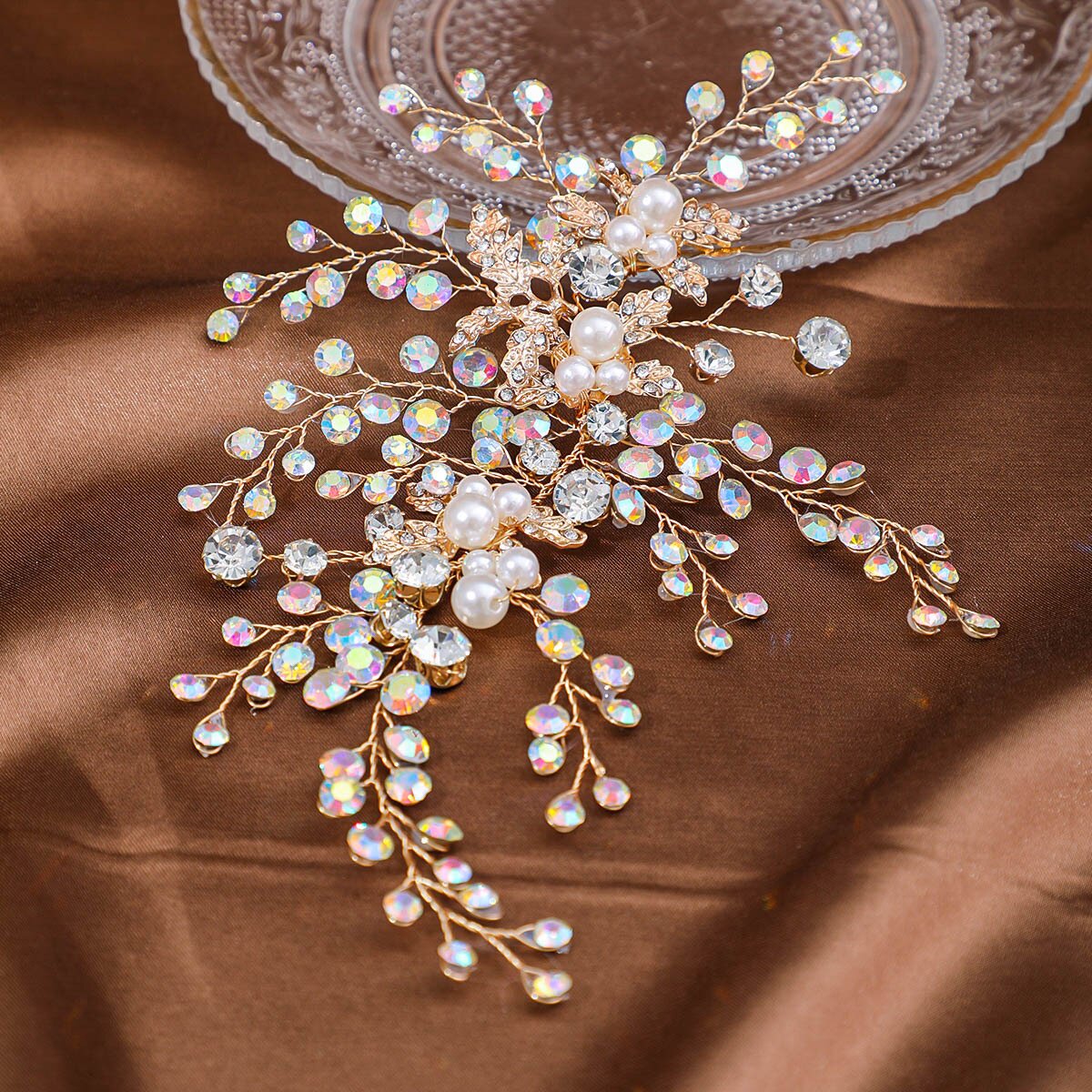 欧美新娘发带头饰亚马孙热销金叶子发箍配饰手工珍珠盘发礼服头饰