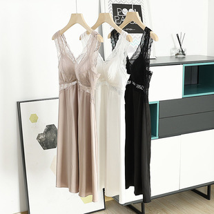 巨美~小性感蕾丝带胸垫薄款冰丝吊带睡裙睡衣内搭打底连衣裙