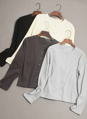 日系文艺气质圆领正肩单排扣宽松毛圈开衫女外套长袖秋季上衣卫衣