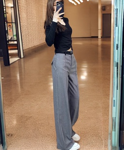 子夏季 女褲 闊腿褲 垂感直筒西褲 黑色休閑小個子拖地褲 2025新款 窄版