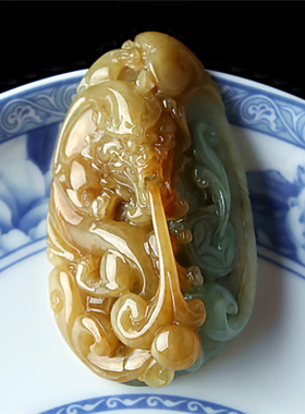美玉佳缘 天然A货翡翠龙牌吊坠冰糯种黄翡双彩正品缅甸生肖挂件男