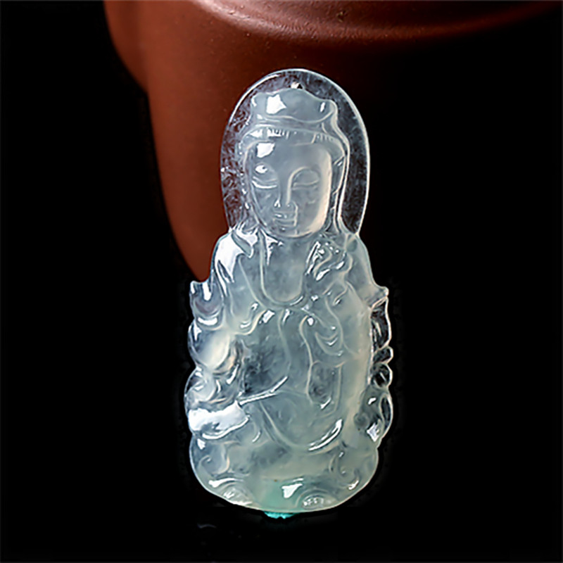 美玉佳缘 天然A货翡翠观音吊坠冰种浅绿起荧光正品缅甸老坑挂件男