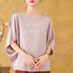 宽松短袖 女国风浮雕提花夏季 上衣 T恤衫 高级感气质圆领缎面蝙蝠袖