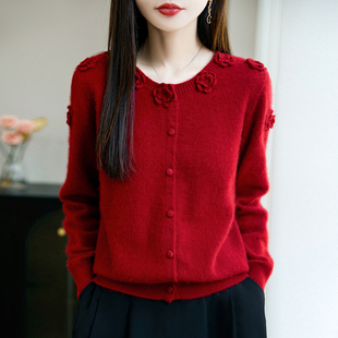 高级感100%纯羊毛衫女秋冬季加厚圆领毛衣手工刺绣玫瑰花羊毛开衫