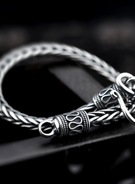 925泰银复古编织龙骨手链男士帅气百搭手工麻绳链银饰S扣一件起批