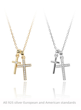 跨境热销s925银欧美风ins双十字架个性项链潮流小众满钻锁骨链女