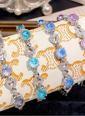 新款热卖托帕石烟花切爱心手链时尚轻奢高级感心心相连海蓝宝