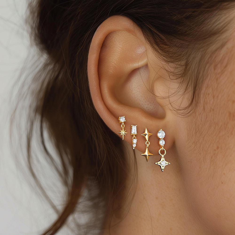 s925纯银不规则锆石耳钉女星星圆形小众设计欧美跨境耳饰批发直销