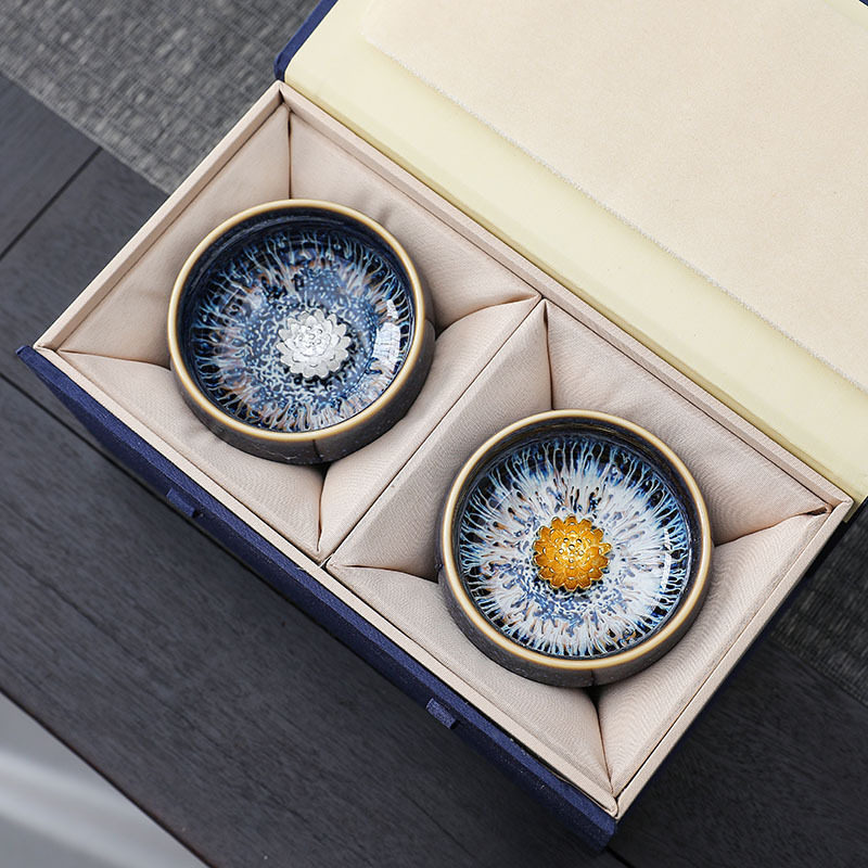 敦煌莲花建盏对杯天目茶具套装主人银茶杯结婚生日文创送老外礼盒