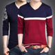 长袖 男装 T恤薄款 修身 春秋V领男士 打底小衫 针织衫 条纹毛衣大码 线衣