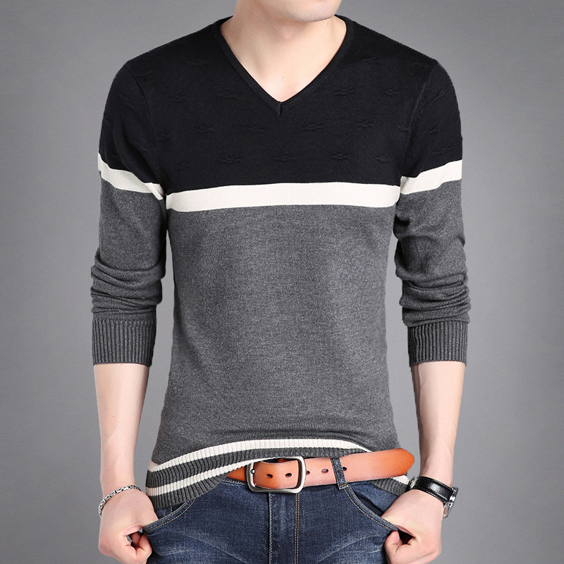 潮秋季v领打底条纹针织衫男士t恤