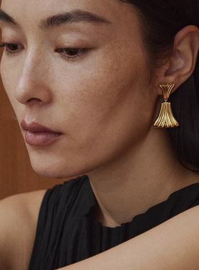 925银针秋冬新款极简Sunburst耳环  个性时髦铜镀金纹理双层耳环