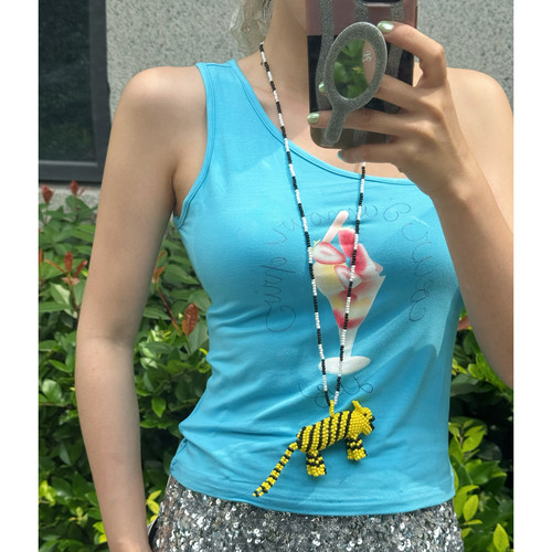 哥伦比亚小众设计pajara同款手工编织国产黄色串珠豹子吊坠项链