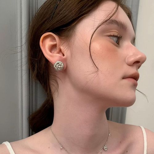 925银针法式小众设计银色拉丝立体山茶花耳钉  多种戴法时髦项链