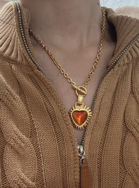 中古风复古橘色爱心925银针耳钉  大牌时髦显白OT扣金色磨砂项链