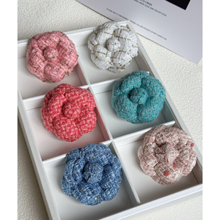 jennie同款 秋冬真皮彩色搭配发夹 小香风粗花呢山茶花高端胸针