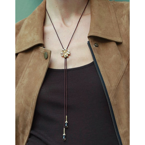 小众设计吴昕同款护身符系列四叶草镶嵌茶晶石抽拉调节长款项链