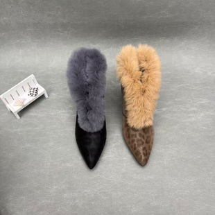 【嘟嘟帮】高跟细跟箭头保暖真毛豹纹真皮女士短靴冬季手工爆款鞋