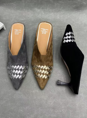 跟高5厘米A302-E331细跟高跟包头女士外穿拖鞋气质百搭夏季编织鞋