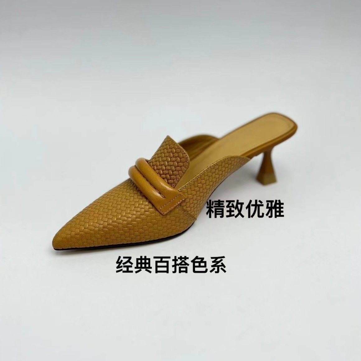 夏季真皮尖头中跟5cm包头女拖