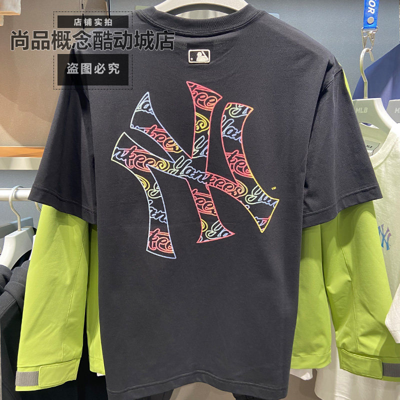 MLB春款男女短袖情侣NY幻彩印花凉感宽松休闲运动T恤3ATSB1463