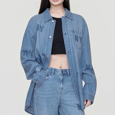 MLB春季男女款运动休闲满印刺绣宽松牛仔外套衬衫牛仔3ADRG0161