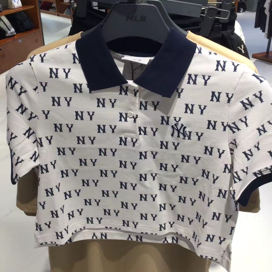 MLB 夏季款女子款休闲运动透气NY老花满印短款POLO衫T恤3FPQM0153