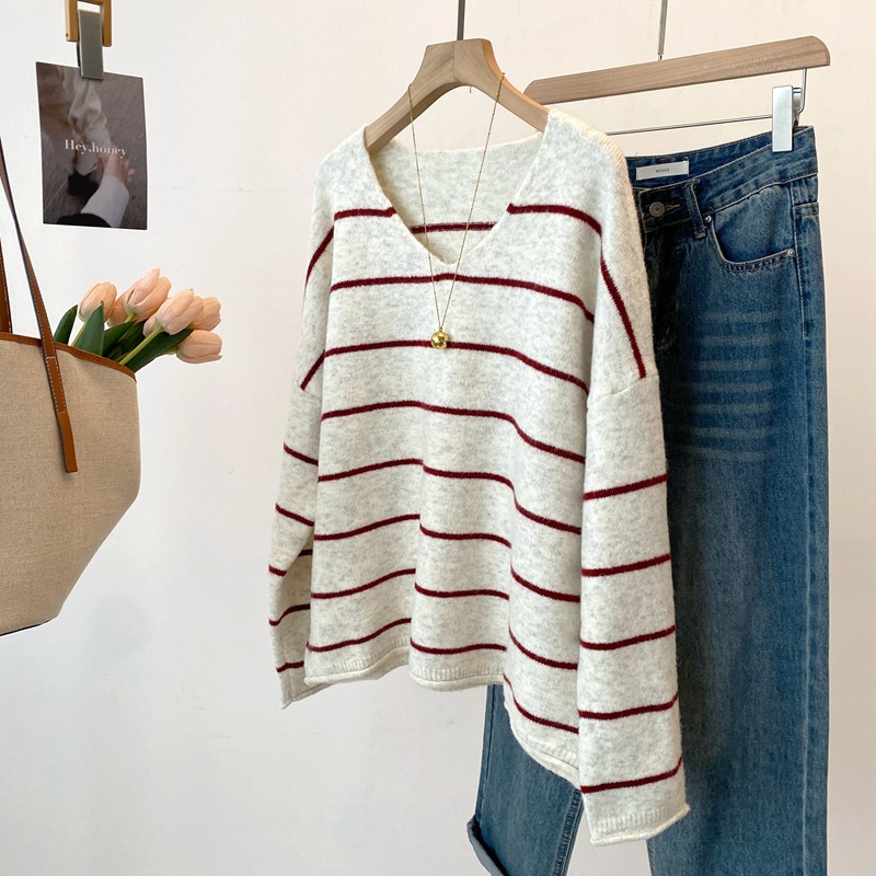 韩国复古V领条纹毛衣女