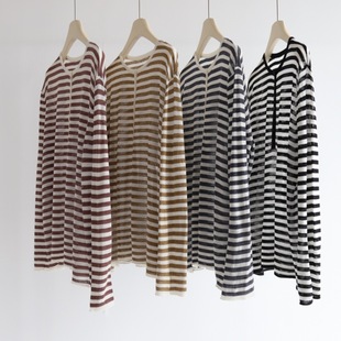 慵懒上衣 春季 新款 亚麻半开领撞色条纹宽松休闲针织衫 女长袖
