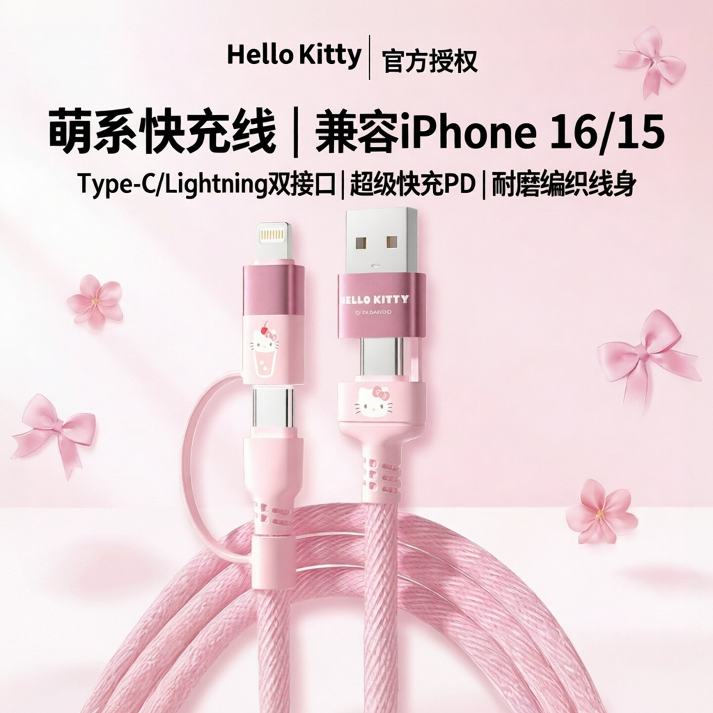 hellokitty数据线适用苹果充电线双typec超级快充PD充电器线iphone16手机15库洛米快充线ipad