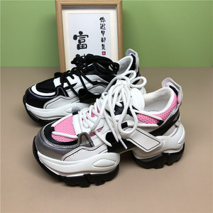 欧洲站真皮女鞋2023春新款拼色时尚老爹鞋厚底增高跑步运动鞋单鞋