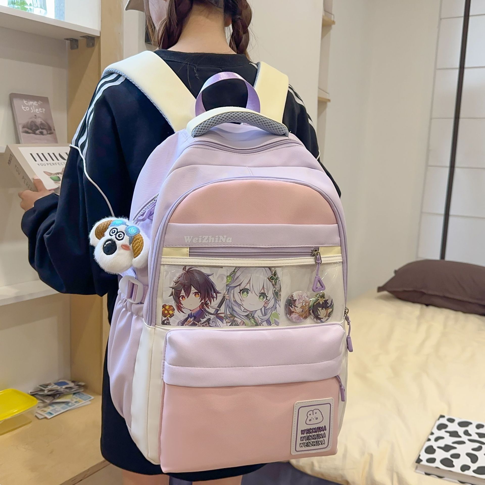 ins可爱痛包双肩包女生 大容量校园初中高中学生撞色书包电脑背包