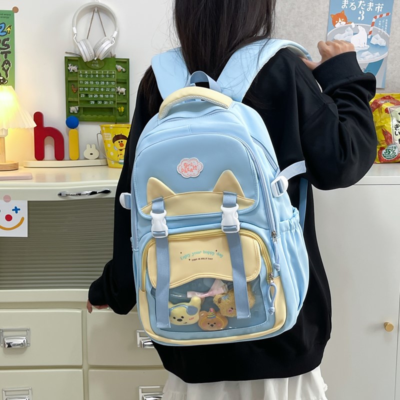 初中女生高颜值书包韩版ins透明痛包撞色拼接小学生3-6年级双肩包