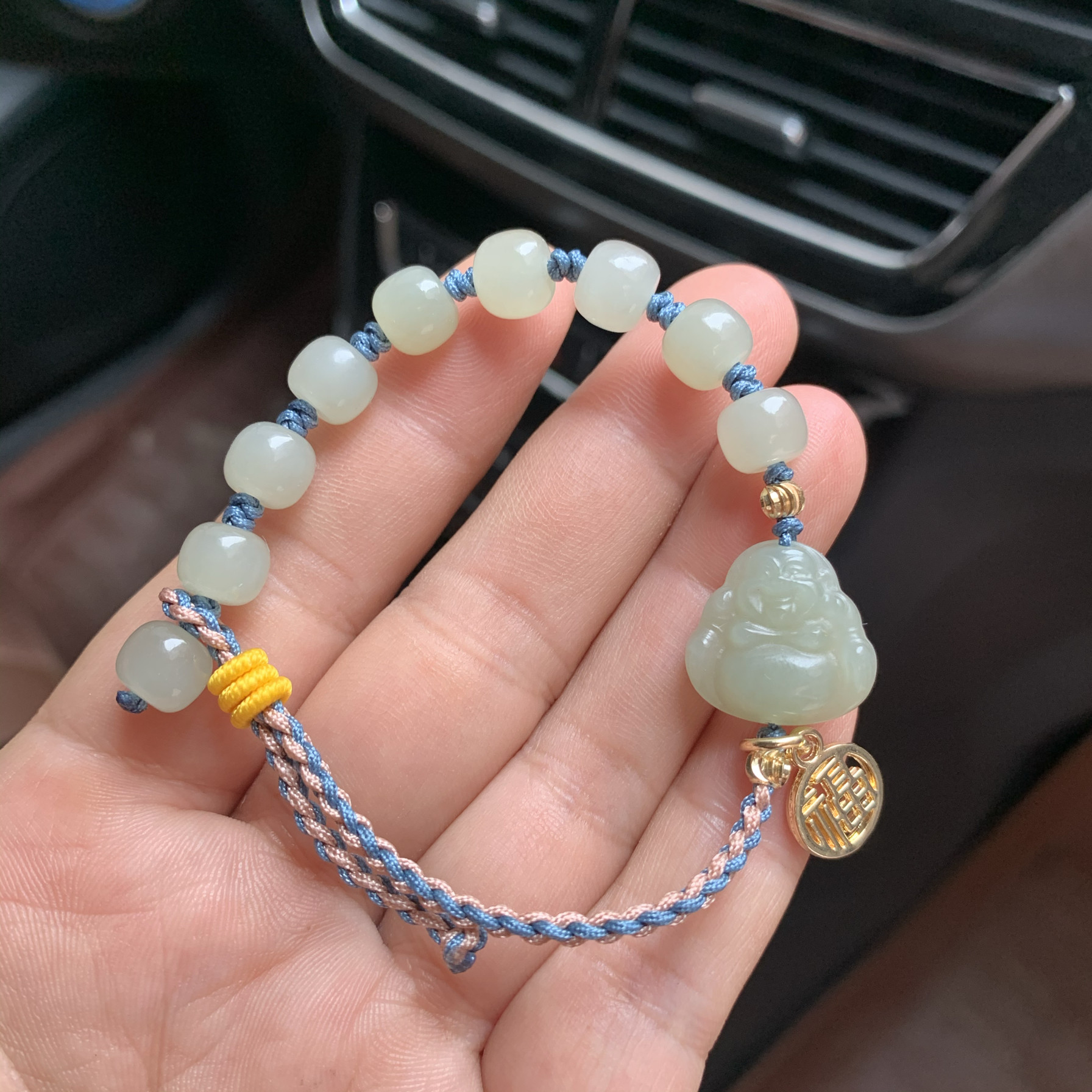 天然和田玉弥勒佛手链女玉石佛公手链本命年编织笑佛手串送证书