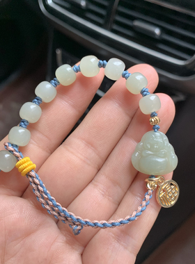 天然和田玉弥勒佛手链女玉石佛公手链本命年编织笑佛手串送证书