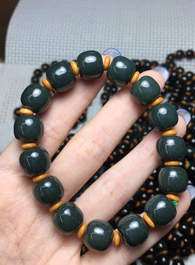 天然和田玉青玉老型珠单圈手串