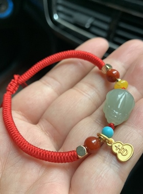 天然和田玉貔貅手链手工编织瑞兽红绳手链晴水色立体貔貅手绳