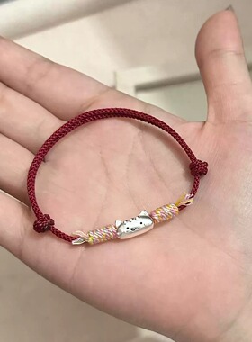 正品纯银法棍猫手链本命年红绳儿童编织手绳足银999女友生日礼物