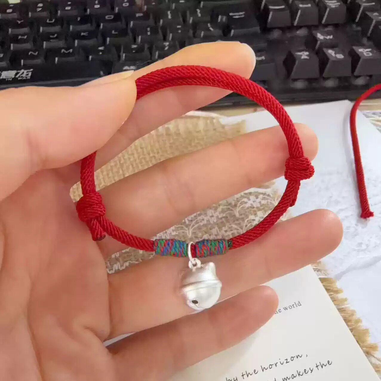 足银999一步一响纯银铃铛猫耳可爱红绳手链简约可调节同脚链图片