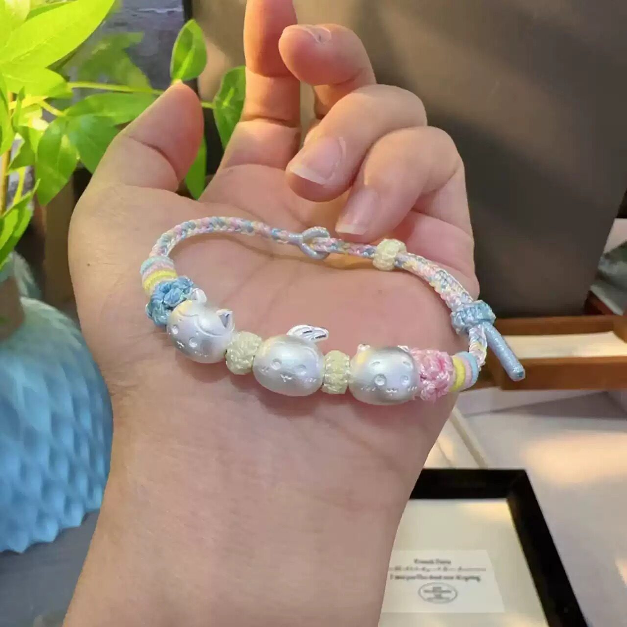 足银999精品配件可爱卡通乌萨奇小八吉伊手工编织桃花纯银手链