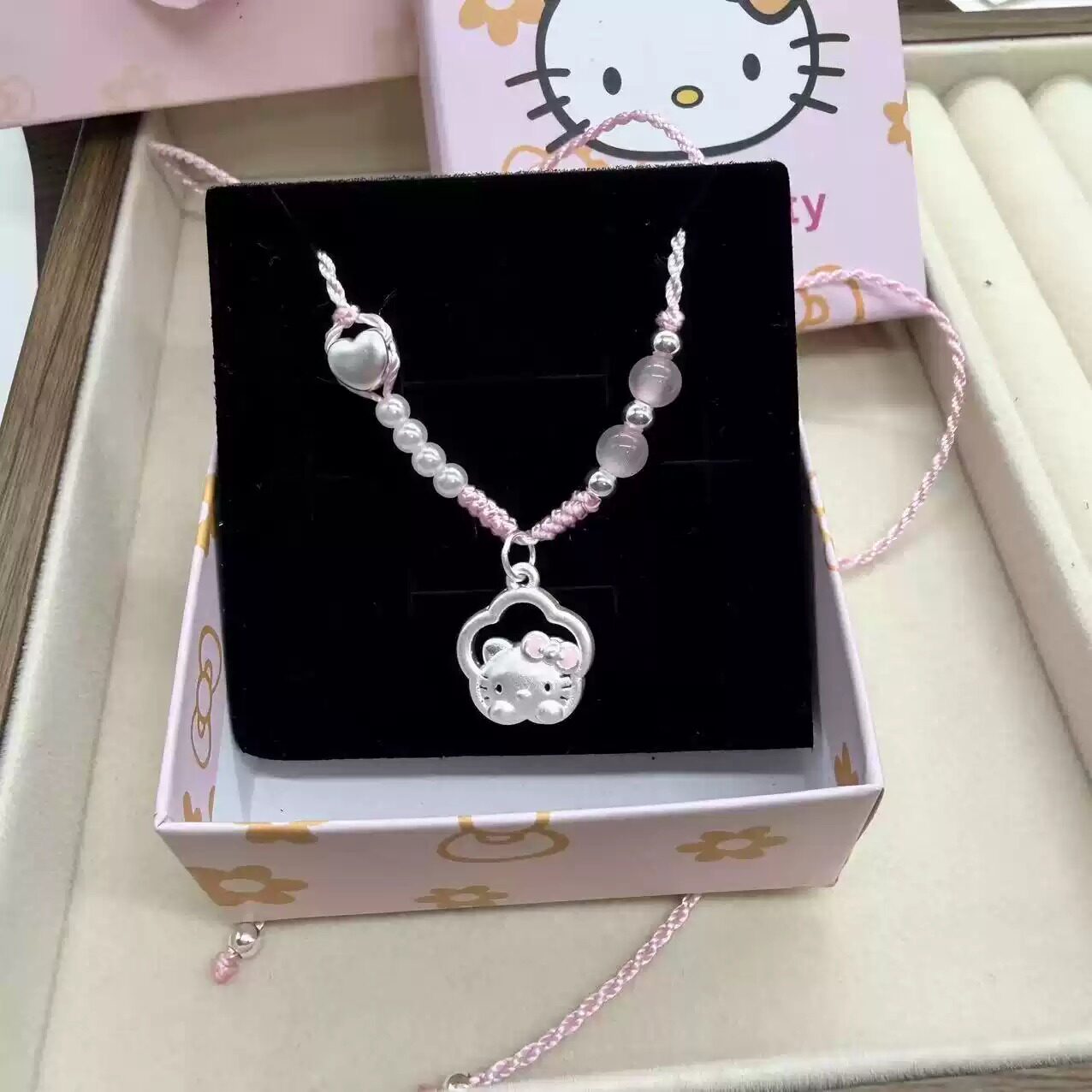 足银999猫头纯银hellokitty手作编绳凯蒂猫项链吊坠儿童女孩礼物