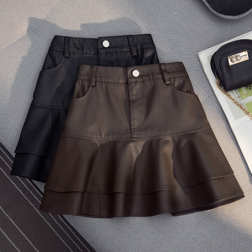 小皮裙荷叶边韩版高腰显瘦半身裙